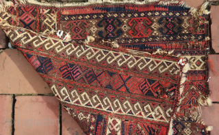 Flatwoven Baluch Bag fragment--  approx 17 × 18” 

Complex weft wrapped fragment from a bag face. Likely West Afghanistan. Well traveled ethnographic textile. 
Ex James Douglas personal collection. Mr. Douglas was  ...