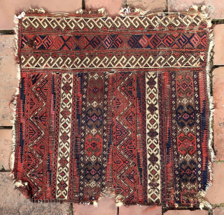 Flatwoven Baluch Bag fragment--  approx 17 × 18” 

Complex weft wrapped fragment from a bag face. Likely West Afghanistan. Well traveled ethnographic textile. 
Ex James Douglas personal collection. Mr. Douglas was  ...