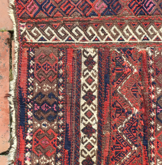 Flatwoven Baluch Bag fragment--  approx 17 × 18” 

Complex weft wrapped fragment from a bag face. Likely West Afghanistan. Well traveled ethnographic textile. 
Ex James Douglas personal collection. Mr. Douglas was  ...