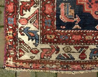 West Persian Village-- 3 ft 5 in x 5 ft 2 inches. Wool weft. Most likely Kurdish, possibly Kolyai. Weave is thick, heavy, plush-- but also floppy. $25 UPS to lower 48. 