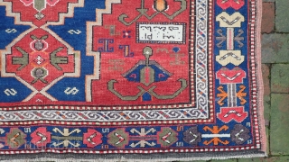 Large Kazak Rug --  5.2 x 9.7. Lots of interesting things about this rug. An inscription (I cant read) and a date which only makes sense from the back side of  ...