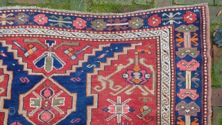 Large Kazak Rug --  5.2 x 9.7. Lots of interesting things about this rug. An inscription (I cant read) and a date which only makes sense from the back side of  ...