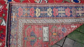 Large Kazak Rug --  5.2 x 9.7. Lots of interesting things about this rug. An inscription (I cant read) and a date which only makes sense from the back side of  ...