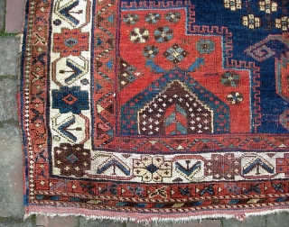 Afshar-- 4 ft 4 in x 5 ft 3 inches. Classic 19th century medallion Afshar. Soft with lovely shiny wool. Some exposed wefts in the indigo areas-- typical of these things. But  ...