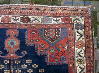 Afshar-- 4 ft 4 in x 5 ft 3 inches. Classic 19th century medallion Afshar. Soft with lovely shiny wool. Some exposed wefts in the indigo areas-- typical of these things. But  ...