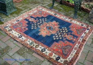 Afshar-- 4 ft 4 in x 5 ft 3 inches. Classic 19th century medallion Afshar. Soft with lovely shiny wool. Some exposed wefts in the indigo areas-- typical of these things. But  ...