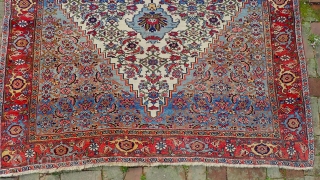 Bidjar c. 1900-- approx 6 x 9-- Wool foundation. Rare White field w/ beautiful blues and abrashes. Amazingly decorative old thing and no apologies for condition.  Please see all photos. us  ...