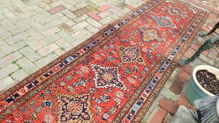 Heriz Runner-- c. 1920-- 3.3 x 14.6--  Heavy and densely knotted piece. Beautiful lively Northwest colors. Very clean and pristine. Please see all photos. US shipping: $40 please call the shop  ...