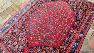 Bidjar-- 3.9 x 5.8. Cherry Red. Finely knotted and tightly packed. Unique composition in not having an interior hearth medallion. Formal yet still tribal in character. CONDITION: Near mint, no apologies.   ...