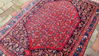 Bidjar-- 3.9 x 5.8. Cherry Red. Finely knotted and tightly packed. Unique composition in not having an interior hearth medallion. Formal yet still tribal in character. CONDITION: Near mint, no apologies.   ...