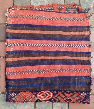 Kurd-- 20 x 23. Traditional Kurdish format with the piled strip at the bottom. Look at the flat weave work carefully. Wonderfully quirky tribal. Very interesting old  collector piece. But you  ...