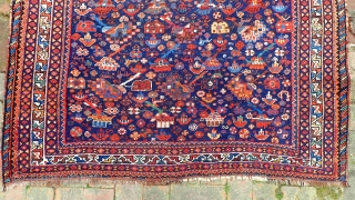 Khamseh SW-- 4.4 x 5. Tribal motifs with soft wool and myriad colors.  These are delicate pieces usually found worn out. This one is unusually fine condition.
CONDITION: Not perfect but quite  ...