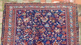 Khamseh SW-- 4.4 x 5. Tribal motifs with soft wool and myriad colors.  These are delicate pieces usually found worn out. This one is unusually fine condition.
CONDITION: Not perfect but quite  ...