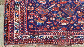 Khamseh SW-- 4.4 x 5. Tribal motifs with soft wool and myriad colors.  These are delicate pieces usually found worn out. This one is unusually fine condition.
CONDITION: Not perfect but quite  ...
