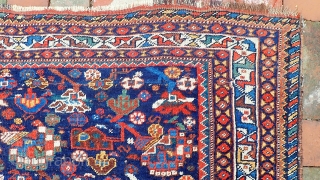 Khamseh SW-- 4.4 x 5. Tribal motifs with soft wool and myriad colors.  These are delicate pieces usually found worn out. This one is unusually fine condition.
CONDITION: Not perfect but quite  ...