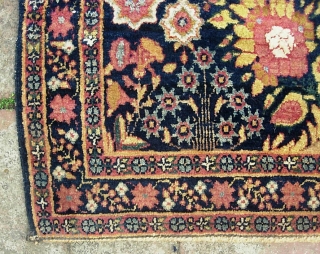  Kerman-- 23 x 33 inches. Very fine weave directional piece. Excellent old reweaves to repair dogear corners upper right and lower right. Aside from that it is in excellent condition with  ...