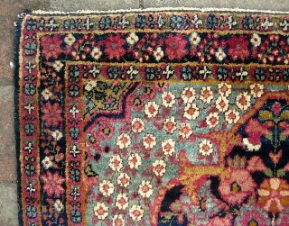  Kerman-- 23 x 33 inches. Very fine weave directional piece. Excellent old reweaves to repair dogear corners upper right and lower right. Aside from that it is in excellent condition with  ...