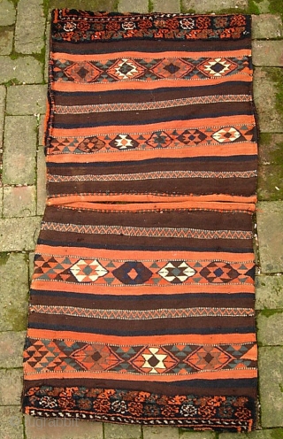 Kurdish Khorjin-- 24 x 24 in. (each)--This is a true pair;  they were originally joined together and used as double saddle bags then latercut apart and used as pillows. The natural  ...