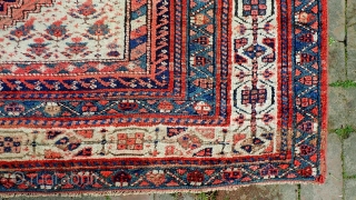 Kurd/Sauj Bulag-- 5 x 9.4. Main Carpet medallion piece with white corners. This rug has the sort of iconography you see in bags and smaller pieces. Very Interesting and decorative. CONDITION: A  ...