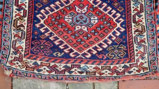 Qashqai-- 22 x 24 in. Colorful ancient ethnographic piece with good striped back.CONDITION: Shows its age but otherwise decent Please see all photos. US Shipping: $15 please call the shop for concise  ...