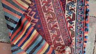 Qashqai-- 22 x 24 in. Colorful ancient ethnographic piece with good striped back.CONDITION: Shows its age but otherwise decent Please see all photos. US Shipping: $15 please call the shop for concise  ...