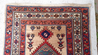 Serab-- 3.3 x 14.7. Beautiful bright/white old open field piece w/ archaic tribal elements and early date. Decorative old thing that will brighten up an otherwise long dark hallway. CONDITION: Braided ends  ...