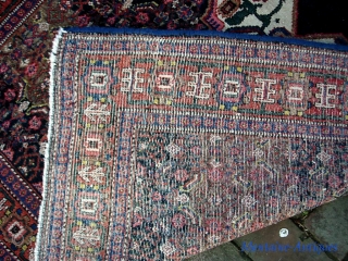 Senneh-- 3 ft 6 inches x 4 ft 8 inches. Finely woven; very good even pile-- tho not mint; a smattering of dots visible here and there. You have to look real  ...