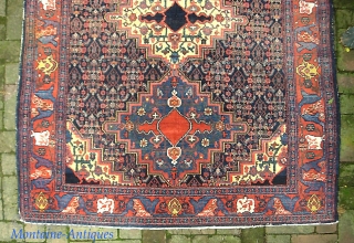 Senneh-- 4 ft 7 x 6 ft 7 in. Knockout colors. Typical fine knotting. Artistic and unique design. Appears to have some sort of scripting in the medallion. Maybe family signature. Pile  ...