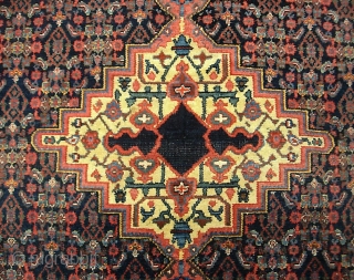 Senneh-- 4 ft 7 x 6 ft 7 in. Knockout colors. Typical fine knotting. Artistic and unique design. Appears to have some sort of scripting in the medallion. Maybe family signature. Pile  ...