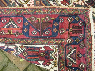 Afshar-- 5 ft 2 x 7 ft 3 in. Larger piece with Interesting Afshar motifs and white field. Low but even with foundation dots mainly center. Innocuous because of white field. $25  ...