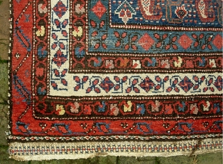 Early Tribal Runner.  3 ft 3 inch x 10 ft Lovely, ethnographic w/ archaic old designs. cf. Kurdish/NW mountains area-- circa 1880s? $20 ups shipping to lower 48. as-found. Obviously needs  ...