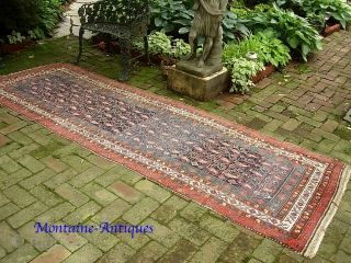 Early Tribal Runner.  3 ft 3 inch x 10 ft Lovely, ethnographic w/ archaic old designs. cf. Kurdish/NW mountains area-- circa 1880s? $20 ups shipping to lower 48. as-found. Obviously needs  ...