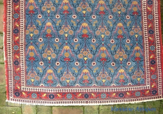 Persian village-- 3 ft 5 x 5 ft. I have no idea regarding maker. Somewhere in Persia. It is A very finely knotted piece (16x17= 272KPI); beautiful sky blue field and very  ...