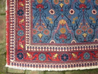 Persian village-- 3 ft 5 x 5 ft. I have no idea regarding maker. Somewhere in Persia. It is A very finely knotted piece (16x17= 272KPI); beautiful sky blue field and very  ...