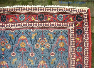 Persian village-- 3 ft 5 x 5 ft. I have no idea regarding maker. Somewhere in Persia. It is A very finely knotted piece (16x17= 272KPI); beautiful sky blue field and very  ...