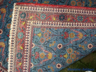 Persian village-- 3 ft 5 x 5 ft. I have no idea regarding maker. Somewhere in Persia. It is A very finely knotted piece (16x17= 272KPI); beautiful sky blue field and very  ...