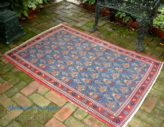 Persian village-- 3 ft 5 x 5 ft. I have no idea regarding maker. Somewhere in Persia. It is A very finely knotted piece (16x17= 272KPI); beautiful sky blue field and very  ...