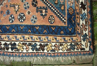 Khamsa Confed-- 3 ft 8 x 6 ft 6.  South Persian Tribal design and motifs. A strong interesting abrash but mainly soft colors. Well used but decent condition. $25 UPS shipping  ...