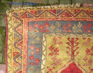 Old Anatolian-- approx 3 x 5. Possibly an antique Mudjar(?) And God knows how old. It looks ancient. Thick and floppy with really nice colors. What's going on in the middle? frayed  ...