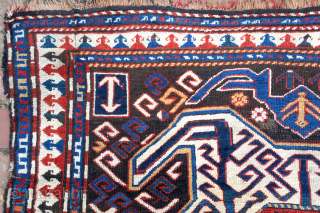 CAUCASIAN LENKORAN GALLERY RUG c. 19th cent--approx 4.6 x 9.6--Similar to Kazak but woven further east along the Caspian with dark weft and so-called Tosbaga (turtle) motifs--
Black oxidation mostly on far end  ...