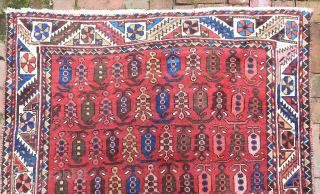 Bahktiary-- 4.7 x 6.5-- Small repetitive botehs and hearth medallion on red field. Unique tribal design in very good condition. ($20 USA shipping)          
