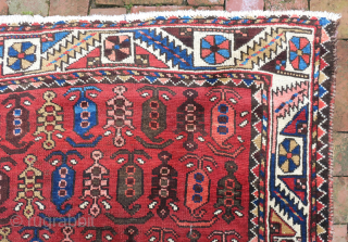 Bahktiary-- 4.7 x 6.5-- Small repetitive botehs and hearth medallion on red field. Unique tribal design in very good condition. ($20 USA shipping)          