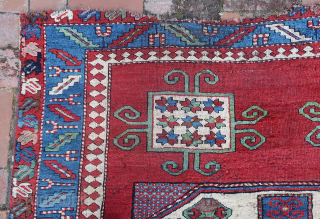 Antique Karachov Kazak-- 4.8 x 5.4--  Classic Mid to late 19th century South Caucusus design-- except for unique outer border. Thick, tight, heavy knotting. Old hyde Park provenance. Harvey Nichols: a  ...