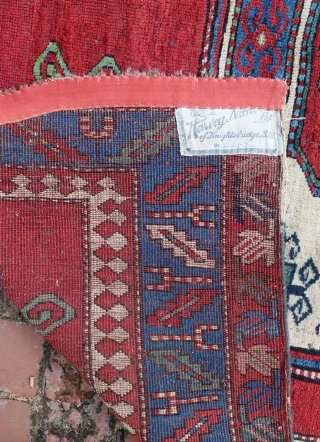 Antique Karachov Kazak-- 4.8 x 5.4--  Classic Mid to late 19th century South Caucusus design-- except for unique outer border. Thick, tight, heavy knotting. Old hyde Park provenance. Harvey Nichols: a  ...