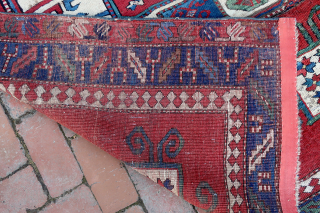 Antique Karachov Kazak-- 4.8 x 5.4--  Classic Mid to late 19th century South Caucusus design-- except for unique outer border. Thick, tight, heavy knotting. Old hyde Park provenance. Harvey Nichols: a  ...