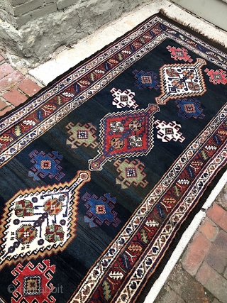 Veramin Zaronim--  4 ft 3 in x 8 ft. Bags and pushtis are more abundant. Older tribal Veramins are rarely seen in this size. Very nice older piece with abundant abrashes.  ...