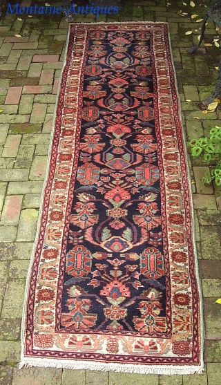 Mehriban Runner-- 2 ft 10 x 9 ft 8. Art deco piece in useful narrow size. Mint condition. Incredibly thick and heavy with beautiful soft colors. Much prettier than the photos indicate.  ...