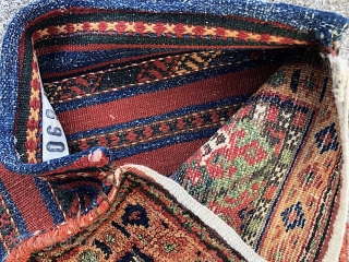 Jaff Kurd Saddle Bag-- approx 1.8 x 1.6. At least 100 years old. Rare to find complete Jaff bag. Rarer still with this two panel format. Embroidered back. Good condition but Call  ...