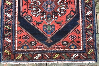 Malayer-- approx 3.1 x 3.8-- Calling this Malayer for lack of anything better. Probably West Persian Village piece and has kurd influence. An interesting graphic old piece. Gets lowish in center. Call  ...