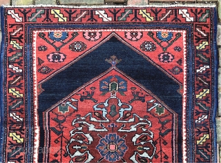 Malayer-- approx 3.1 x 3.8-- Calling this Malayer for lack of anything better. Probably West Persian Village piece and has kurd influence. An interesting graphic old piece. Gets lowish in center. Call  ...